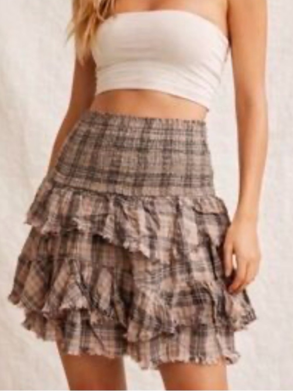 NWOT Free People Women Smocked Raw Edge Layered Tiered Mini Skirt SZ XSTan Plaid